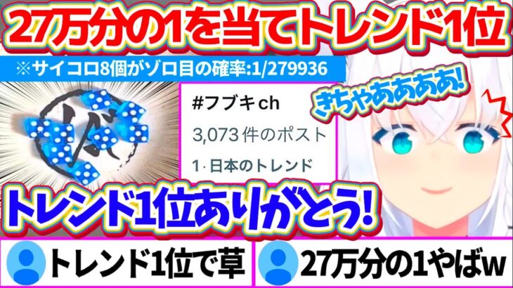 僅か7時間でサイコロ8個のゾロ目『1/279936』を当て、朝7時からトレンド1位になってしまう幸運狐フブちゃんw【ホロライブ切り抜き/白上フブキ】